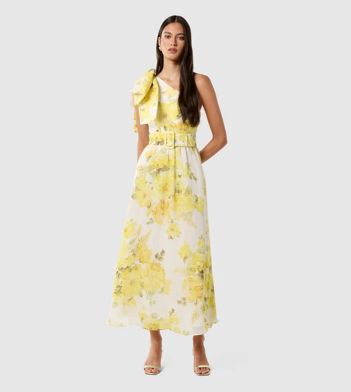 فورايفر نيو LISA Printed One Shoulder Ruffle Midi Dress